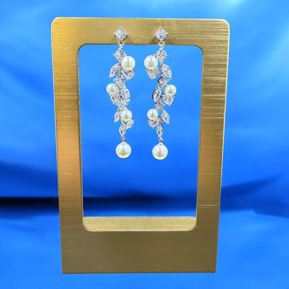 Elequeen Pearl CZ Teardrop Dangle Earrings Bridal Glam Wedding‎ Formal Jewelry